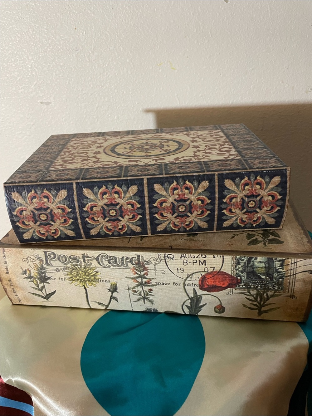 Decorative Floral Pattern Storage Box - Blue and Cream